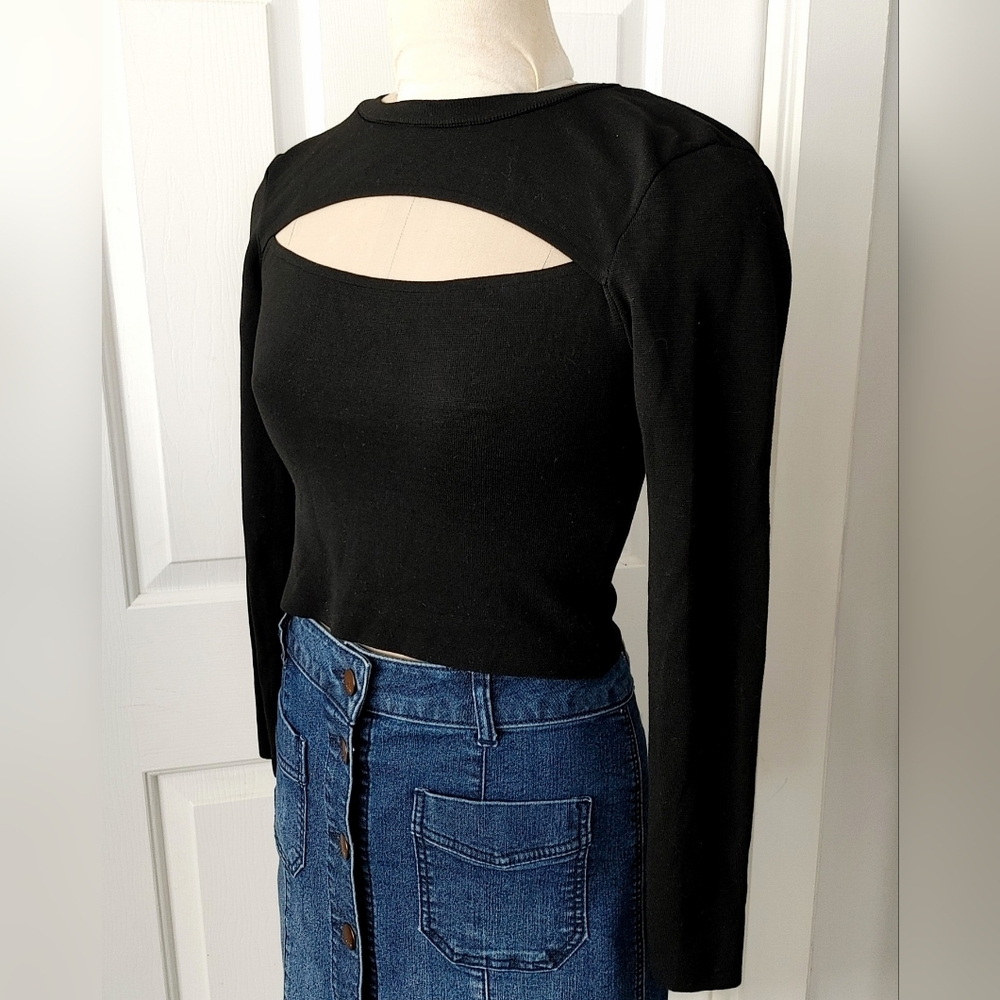 Zara Black Long-Sleeve Crop Top with Front Keyhole Cutout | Size M
